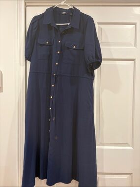 NWT lands’ end Button-Front Shirt Dress with Drawstring Waist deep sea navy